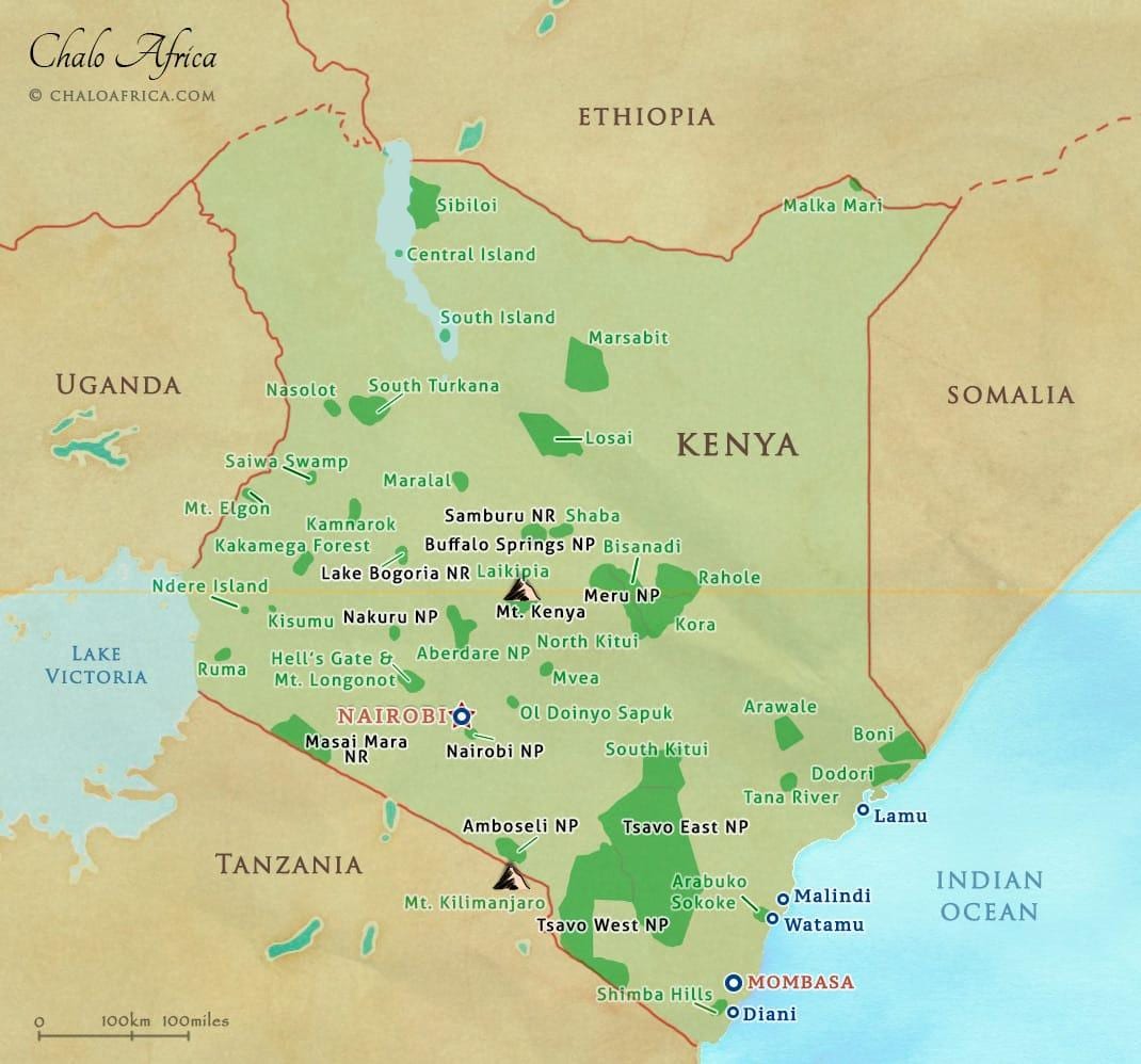 harta Kenya parcuri naționale și rezervații